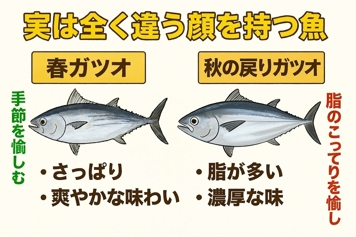 季節を愉しむサッパリ春ガツオ。脂のこってりを愉しむ秋の戻りガツオ。釣太郎