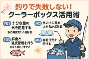 釣りの楽しみは、釣った魚を「美味しく食べること」。 クーラーボックスを正しく使えば、釣りたての味をそのまま食卓へ届けられるよ。釣太郎