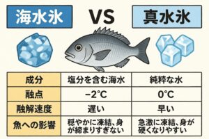 生食や鮮度重視なら「海水氷」がおすすめ！ チヌの繊細な身質を守り、旨味を逃さず持ち帰るには、海水氷が最適。釣太郎