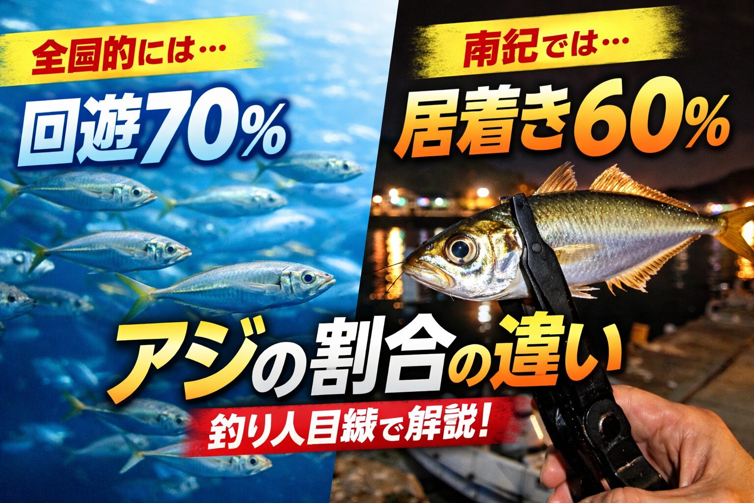 アジは全国的に見ると 回遊型　約70％、居着き型　約30％。南紀（和歌山）は回遊型　約40％ 居着き型　約60％。釣太郎