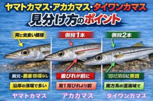 カマスの見分け方。1本線ならアカカマス。2本線ならタイワンカマス。 背中の虫食い模様が強く、黒斑が見えにくければヤマトカマス。釣太郎