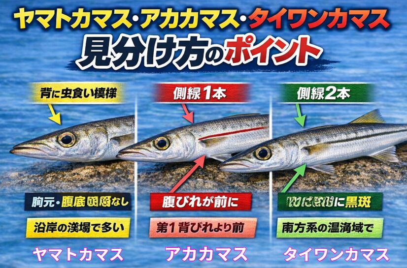 カマスの見分け方。1本線ならアカカマス。2本線ならタイワンカマス。 背中の虫食い模様が強く、黒斑が見えにくければヤマトカマス。釣太郎