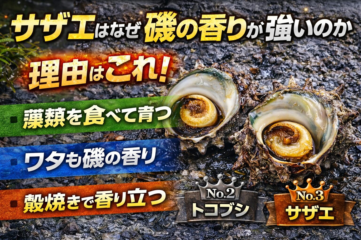 サザエは、磯で育ち、海藻を食べ、その風味がワタにも乗り、殻焼きで香りが立つ。この4つが重なるので、他の貝より「磯の香りが強い」釣太郎