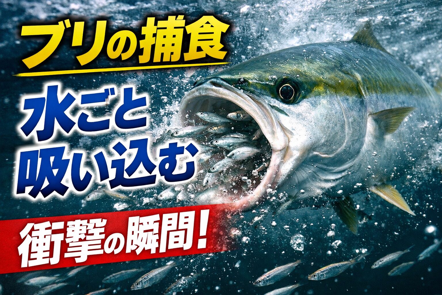 ブリの捕食は水流操作型の吸引捕食です。口を大きく開け水ごとベイトを吸い込みます。釣太郎