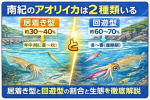 南紀のアオリイカは居着き型約30〜40%。回遊型 約60〜70%。この2種類の群れで構成されています。釣太郎
