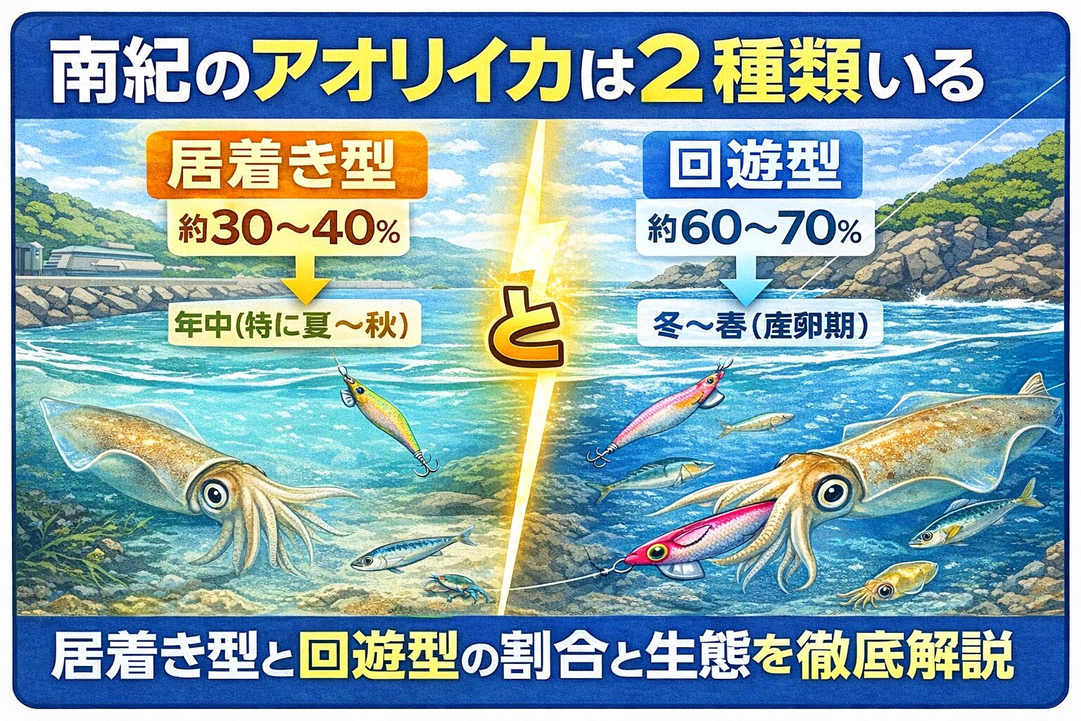 南紀のアオリイカは居着き型約30〜40%。回遊型 約60〜70%。この2種類の群れで構成されています。釣太郎