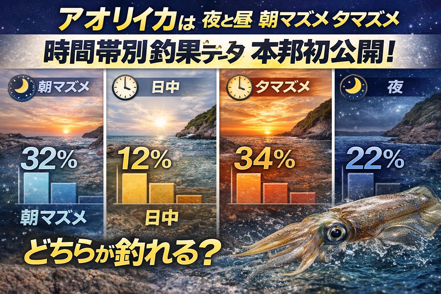 アオリイカ釣り、短時間勝負なら。夕マズメ優先。朝しか行けないなら。朝マズメ一点集中でOK。夜に行くなら。「常夜灯＋潮が動く日」だけ狙う。釣太郎
