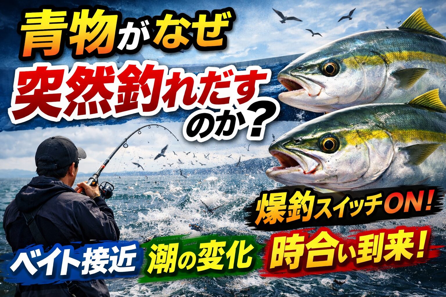 青物が突然釣れだすのは偶然ではありません。 ベイトの群れ、潮の変化、群れの捕食スイッチが重なった時に「時合い」が発生します。釣太郎