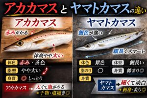 刺し身にしておいしいのはアカカマス。ヤマトカマスが最も多くこれは水分が多いため塩焼き干物むき。釣太郎