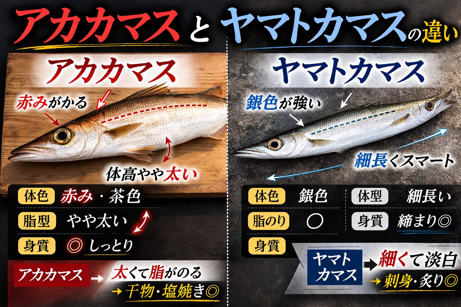 刺し身にしておいしいのはアカカマス。ヤマトカマスが最も多くこれは水分が多いため塩焼き干物むき。釣太郎