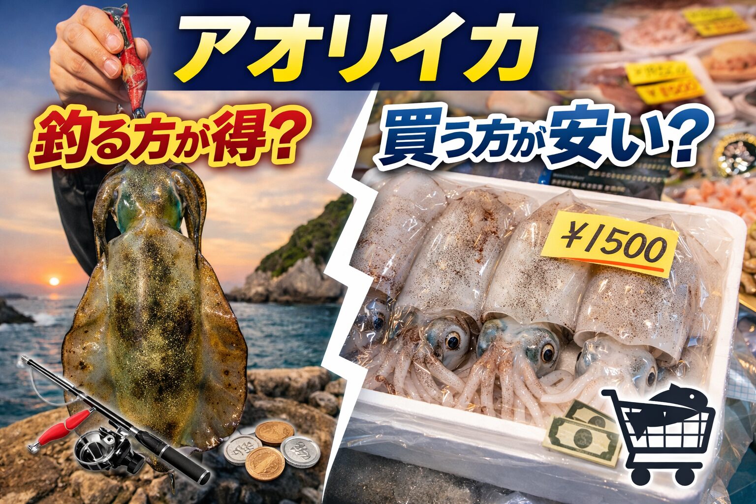 アオリイカを釣るのと買うのを比較すると・値段だけなら買った方が安い ・しかし釣りの楽しさは別格・釣りたての味は市場品より上.釣太郎