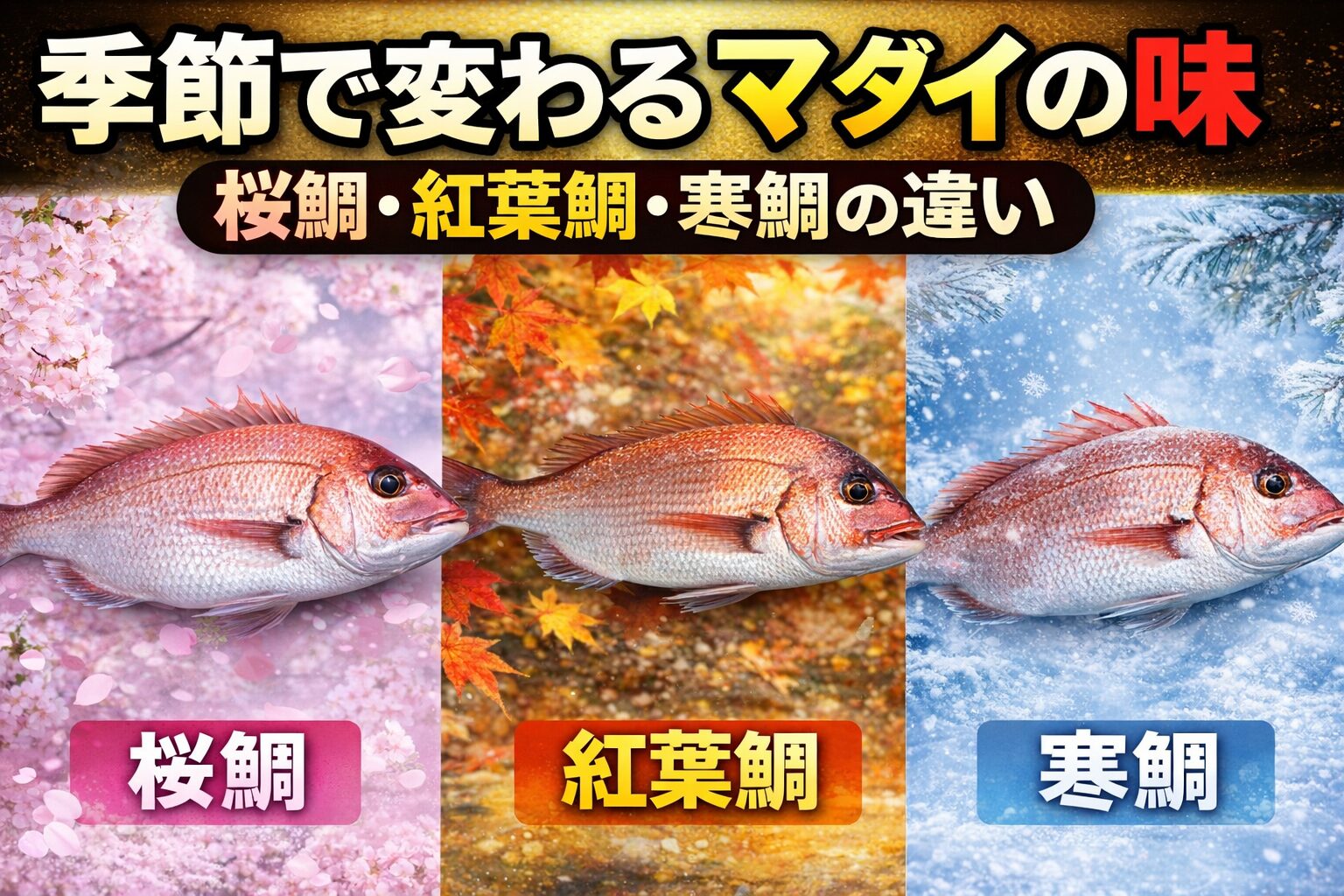 マダイは一年中釣れる魚ですが、季節によって味が大きく変化します。桜鯛は春の美味しさ。紅葉鯛は秋の旨味。寒鯛は冬の脂。釣太郎