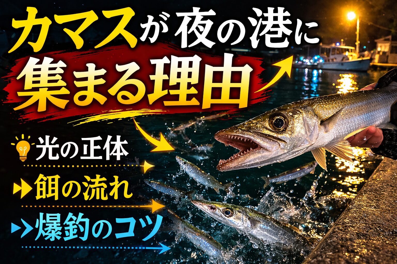 カマスが夜の港に集まる理由は光そのものではなく、餌が集まるから。港のライトによってプランクトン↓小魚↓カマスという食物連鎖.釣太郎