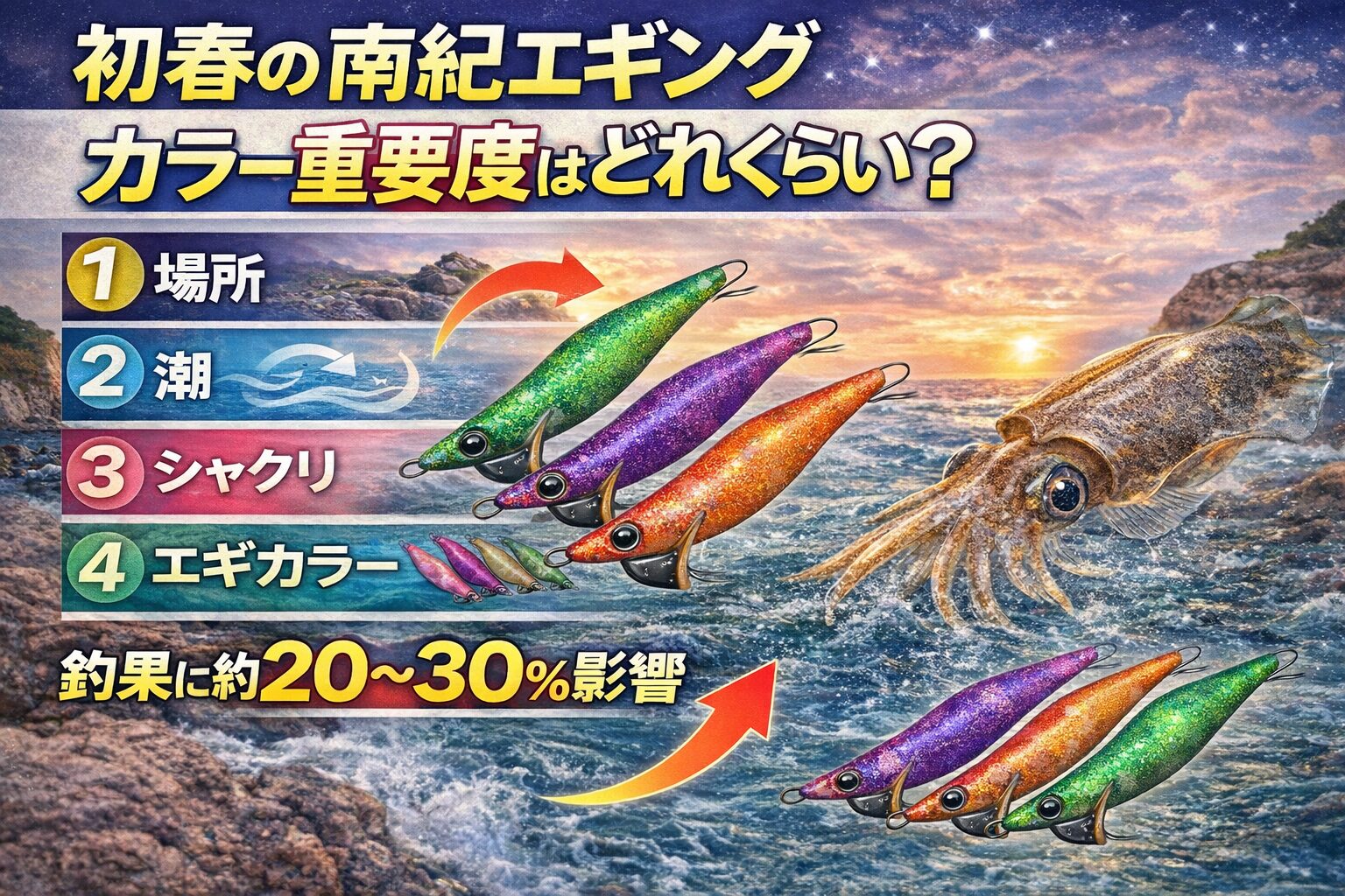 初春の南紀エギングでは、釣果に影響する要素は次の通りです。1場所2潮3シャクリ4エギカラー.この中でカラーの影響は約20〜30％程度。釣太郎