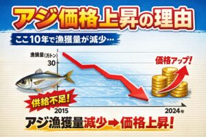 アジの漁獲量はここ10年で減少傾向。海水温や資源量の変化が影響。活けアジは管理コストが高い。そのためアオリイカ用活けアジの価格は上昇しやすい。釣太郎