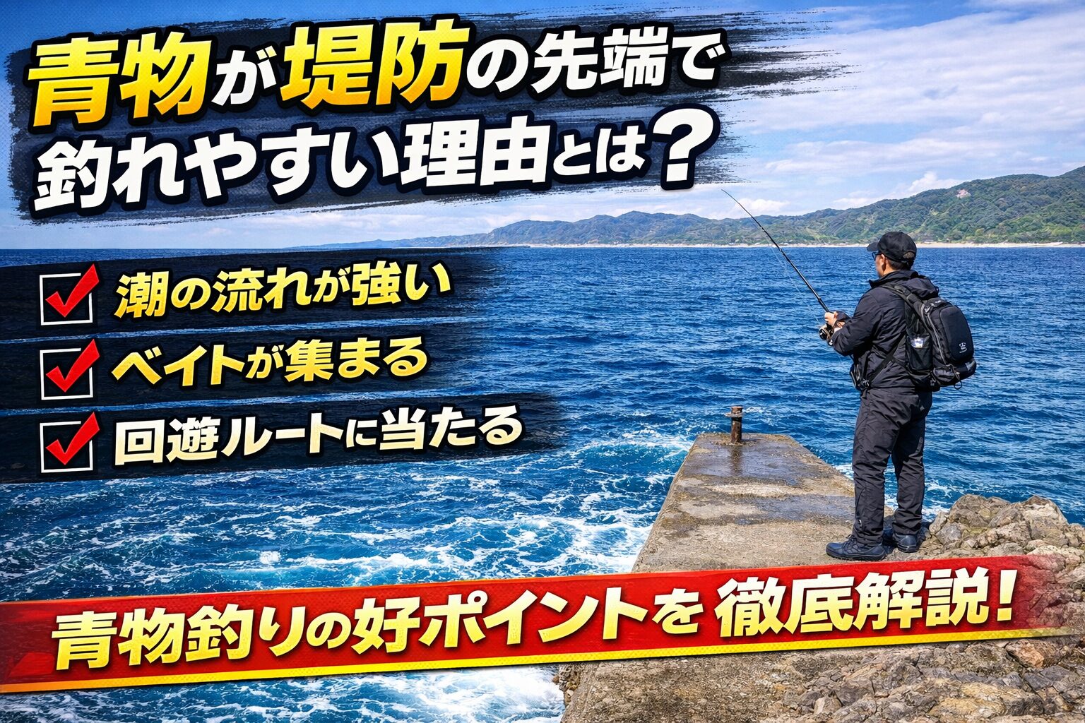 青物が堤防の先端で釣れやすい理由。潮のヨレができる、ベイトが溜まりやすい、水深が深い、回遊ルートに当たる、ナブラが起こりやすい。釣太郎