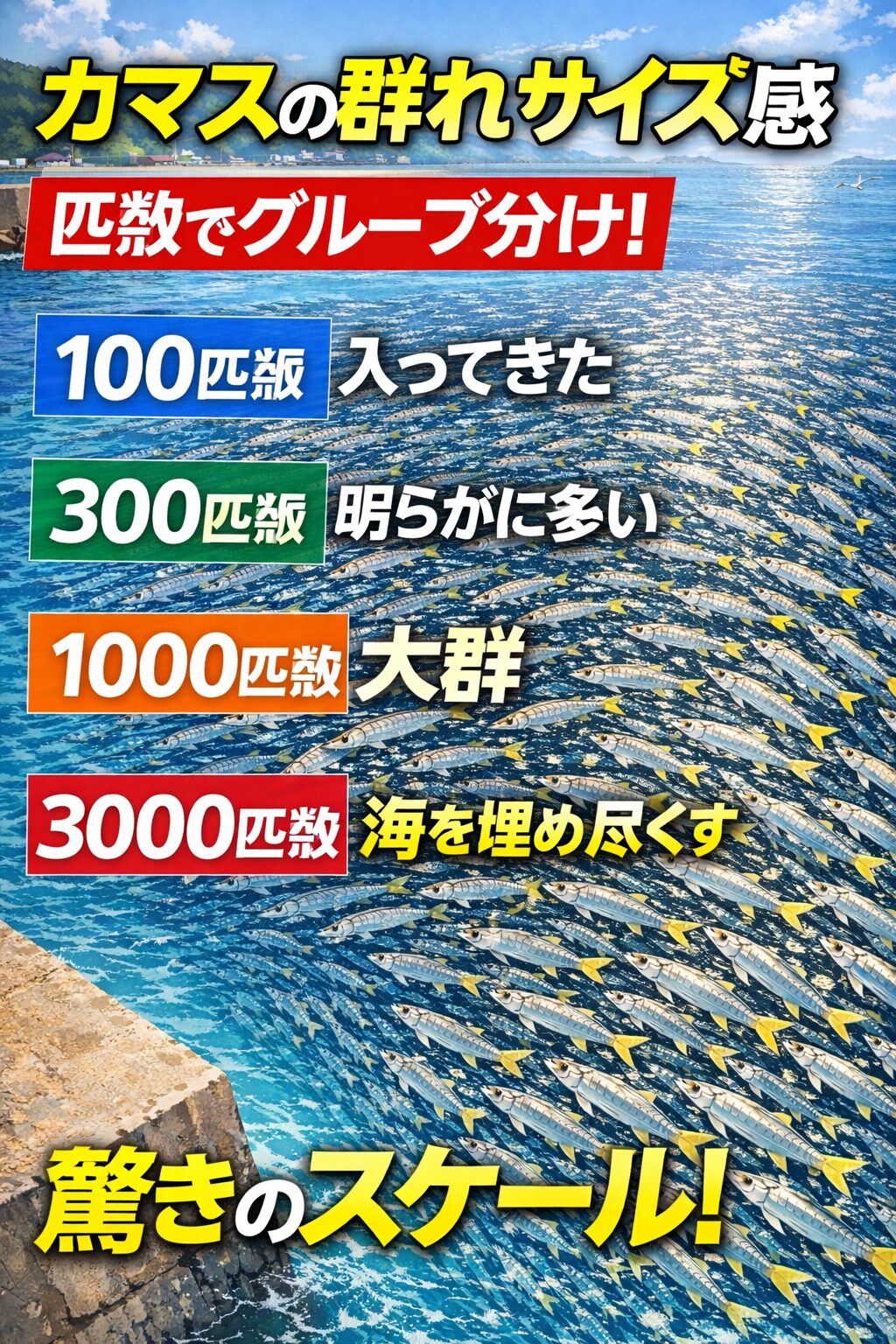 カマスの群れは100匹で「多い」、500匹で「大群」、1000匹を超えると「壁」、3000匹を超えると「海を埋め尽くす」釣太郎