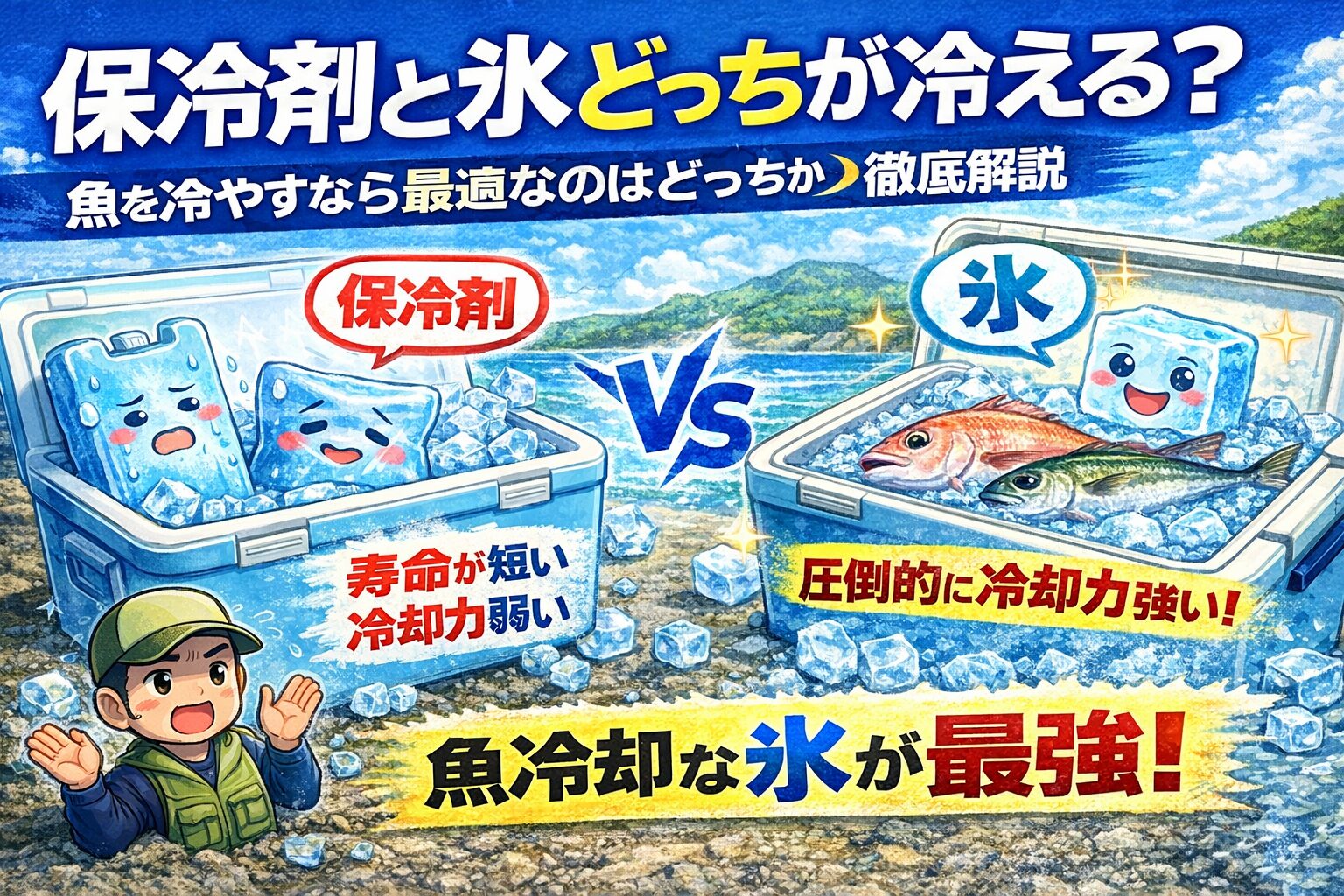 保冷剤と氷を比較すると 魚の冷却には、氷が圧倒的に有利。保冷剤と氷を比較すると魚の冷却には 海水氷が圧倒的に有利。釣太郎