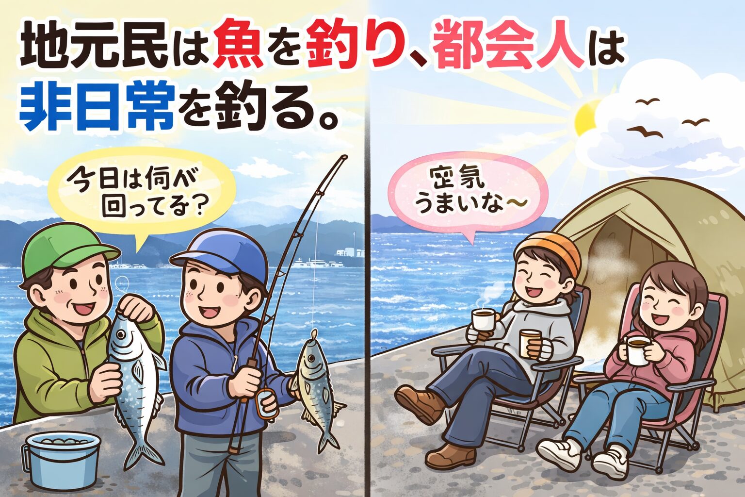 地元民は釣果を追い、 都会人は非日常やリフレッシュを求めて釣り場に来ます。目的は違って見えても、どちらも海に価値を感じている点は同じです。釣太郎