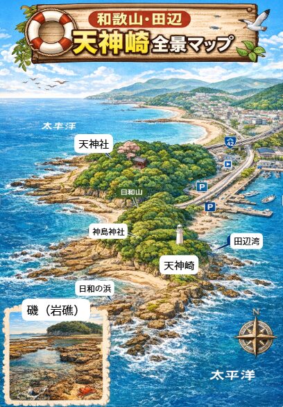 和歌山県田辺市の天神崎は南紀随一の地磯釣り場 。日本でも珍しい平坦な磯。波止や砂浜もある釣り場。家族連れにも人気 トイレや駐車場も整備。 という魅力を持つ場所。釣太郎