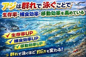 アジが群れで泳ぐのは、 生存率を上げるため、 捕食効率を上げるため、 移動効率を上げるため。釣太郎