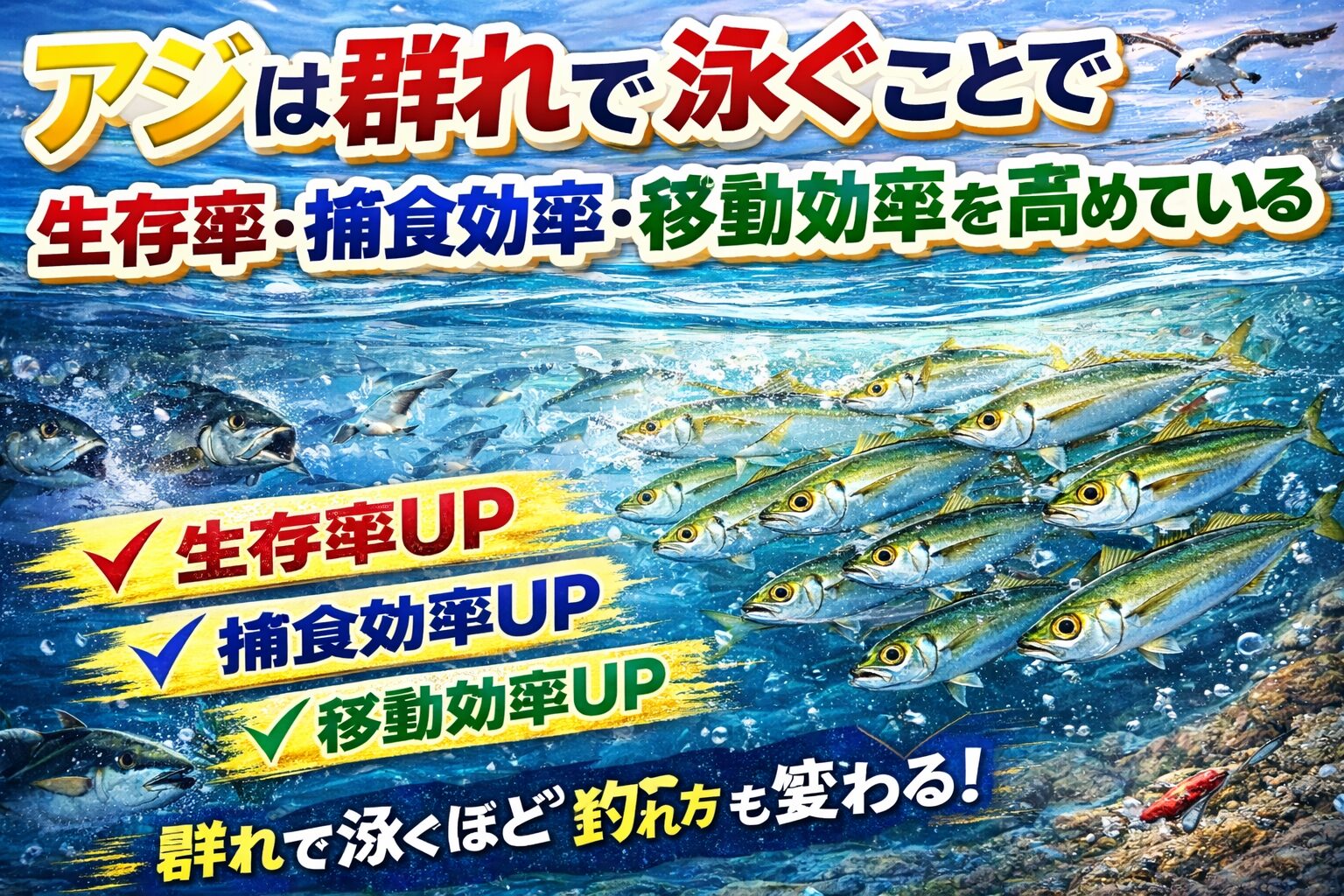 アジが群れで泳ぐのは、 生存率を上げるため、 捕食効率を上げるため、 移動効率を上げるため。釣太郎