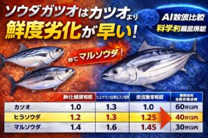 鮮度劣化スピードは カツオ ＜ ヒラソウダ ＜ マルソウダ。特にマルソウダはカツオ比 約1.45倍の劣化指数。だから“足が早い”。釣太郎