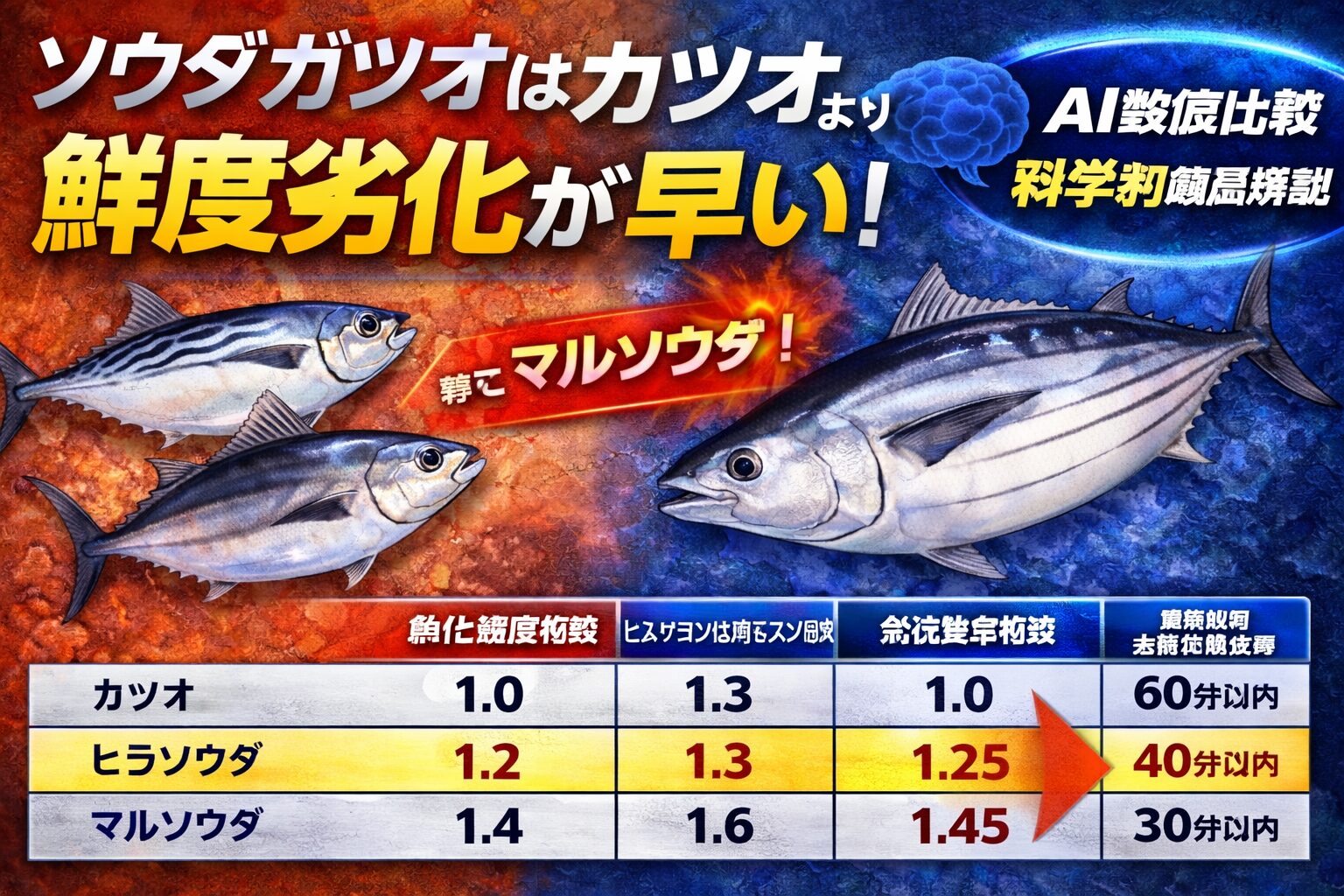 鮮度劣化スピードは カツオ ＜ ヒラソウダ ＜ マルソウダ。特にマルソウダはカツオ比 約1.45倍の劣化指数。だから“足が早い”。釣太郎