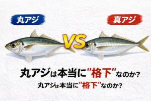 マアジ対丸アジ。身質総合比較。脂安定性、真アジやや優勢。締まり・加熱適性。丸アジ優勢。旨味量、ほぼ同等。結論。 丸アジは“真アジの劣化版”ではない。釣太郎