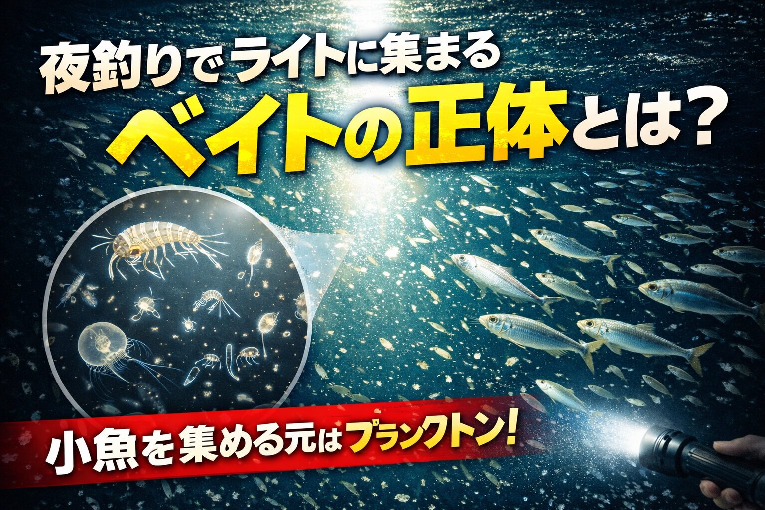 夜釣りでライトに集まるベイトの正体は、プランクトンを追う小魚の群れ。そしてその下には、 光↓微小生物↓ベイト↓捕食魚。釣太郎