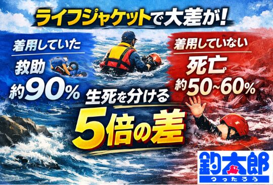 ライフジャケットは“命の保険”着用するだけで死亡率が半分以下に。 釣り人の事故は「未着用＋転落」が主因。釣太郎