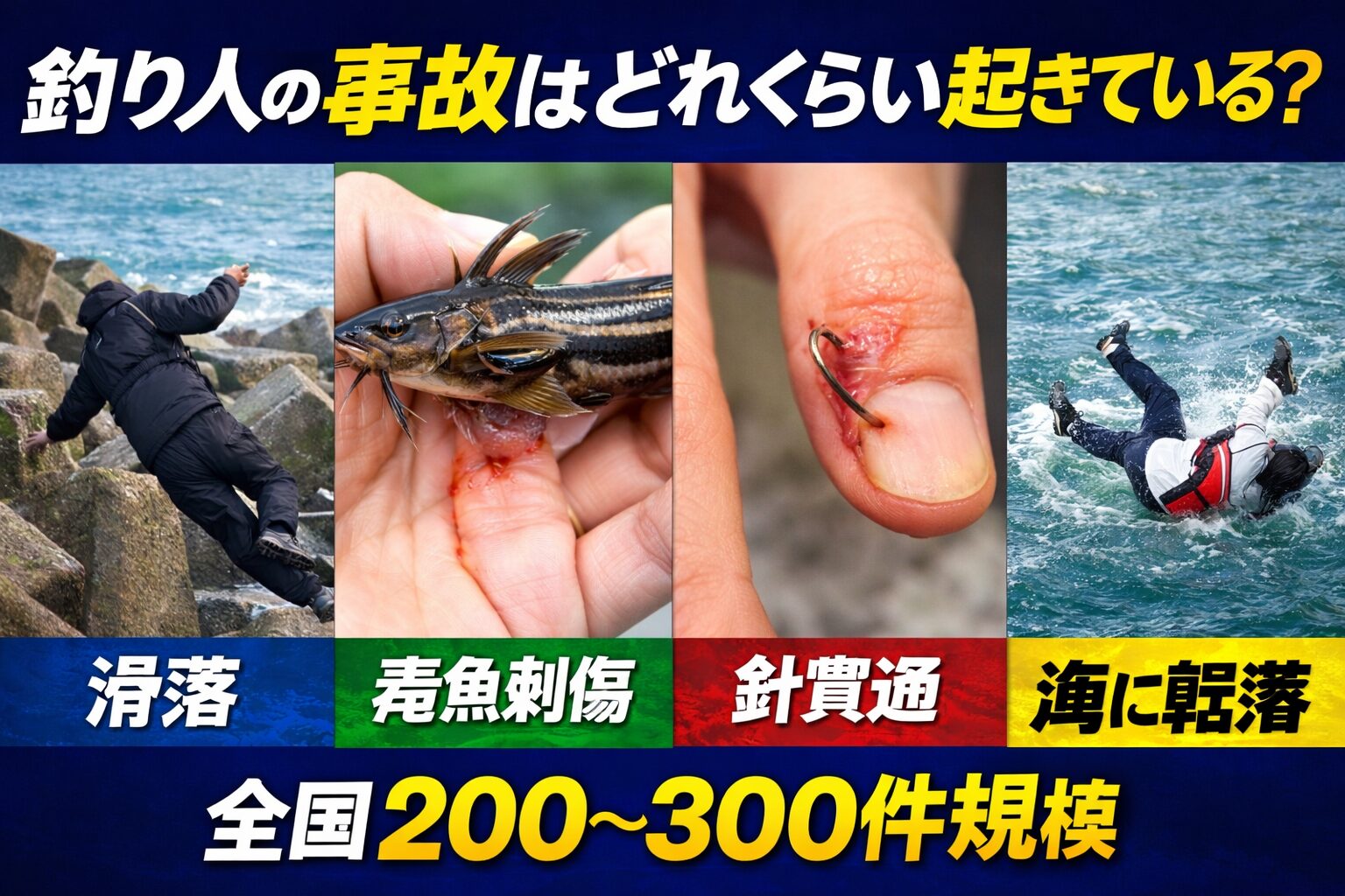 全国で海難事故 約1,000〜1,500件。釣り関連 200〜300件規模。テトラ滑落、転落、毒魚刺傷、針事故。毎年必ず起きている。釣太郎