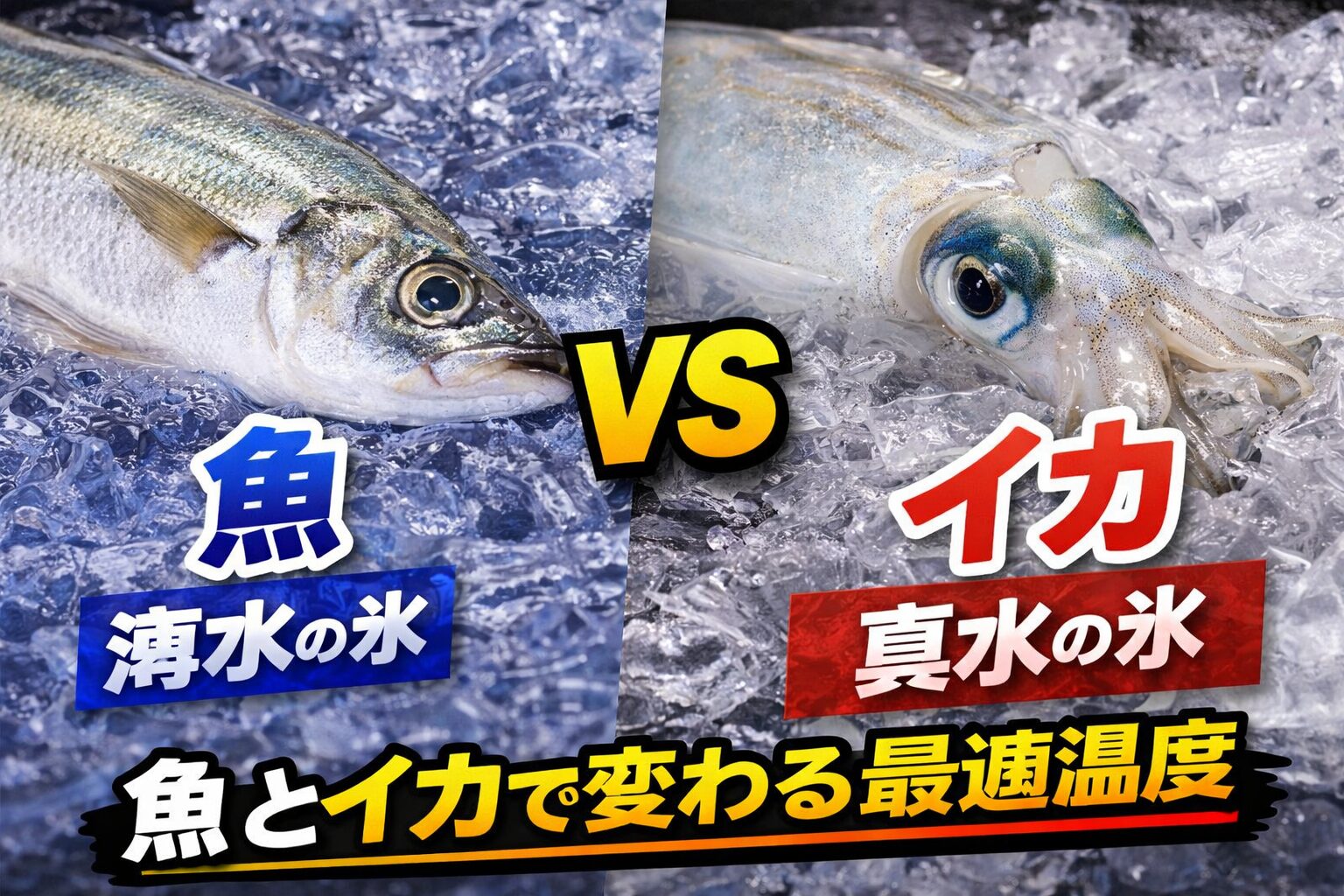 海水氷と真水氷の違いは、ただの氷の違いではありません。魚なら。 鮮度を止めるために0〜2℃重視。イカなら。 甘みと食感を守るために10℃前後重視。釣太郎