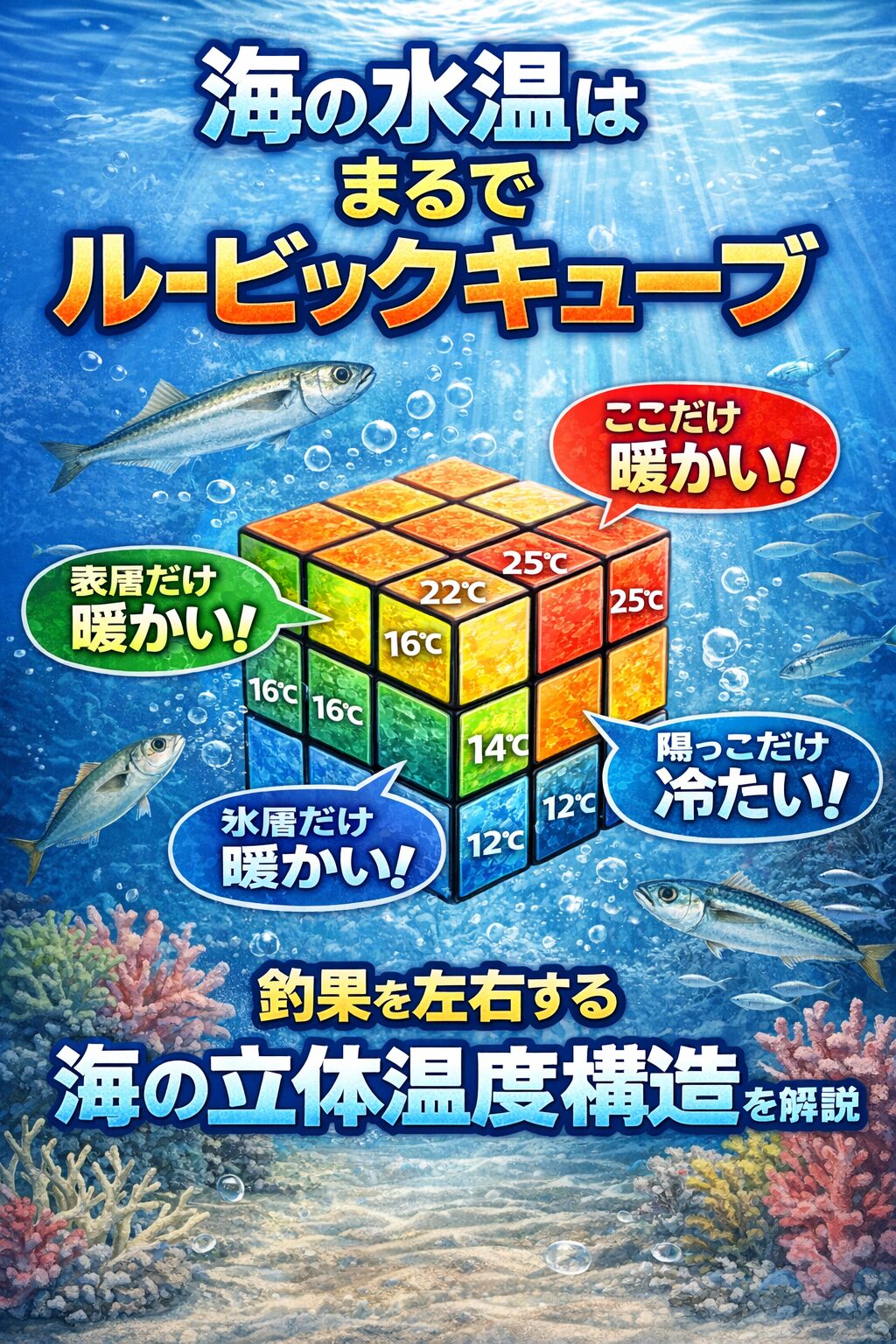 海の水温は単純な数字ではありません。実際の海は場所で違う、深さで違う、時間で違う。という立体的な構造。まるでルービックキューブのように。釣太郎