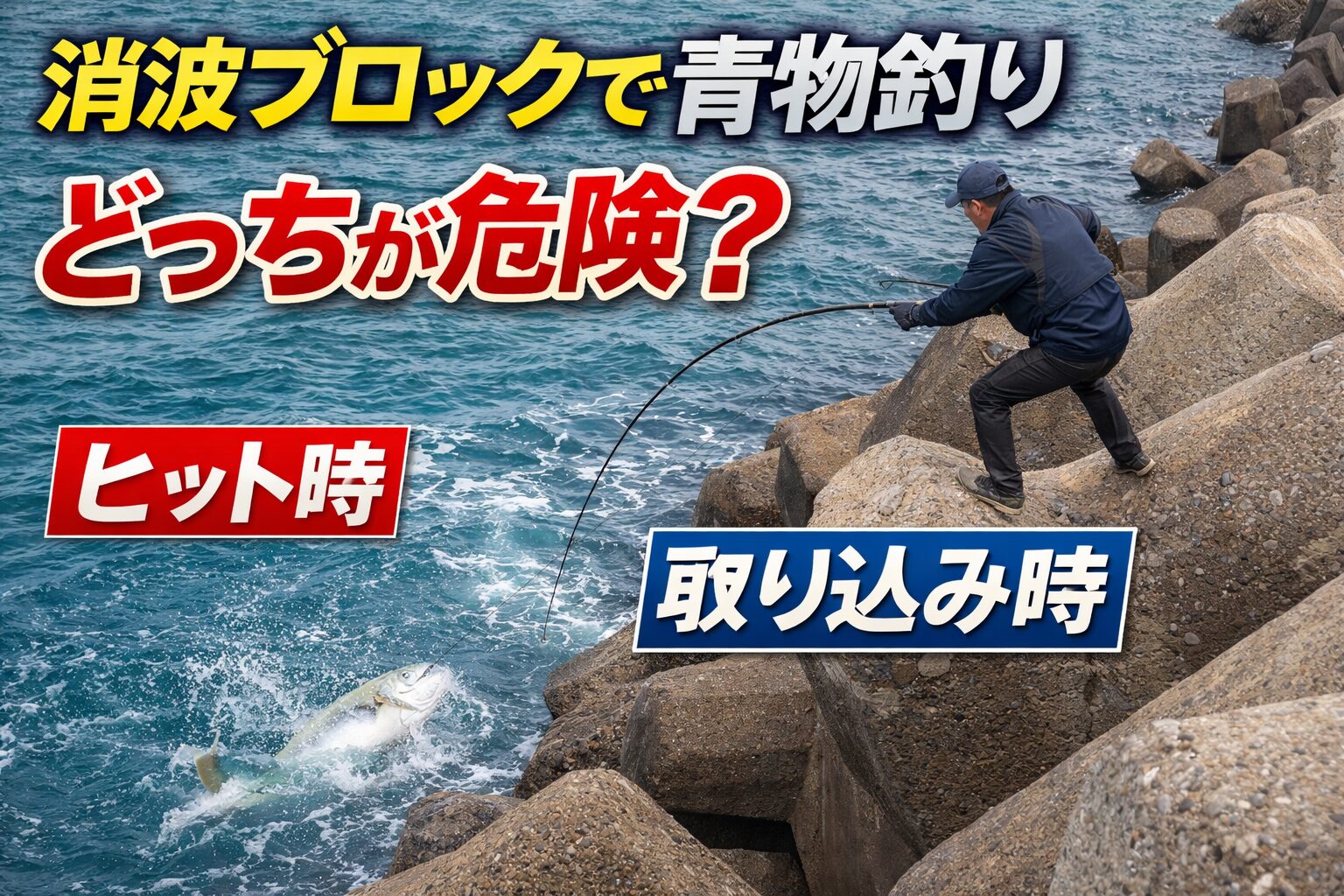 テトラ上の青物釣りで危険なのはヒット時ではなく取り込み時です。理由は体勢が崩れる。魚が最後に暴れる。足場が不安定。という条件が重なるため。釣太郎