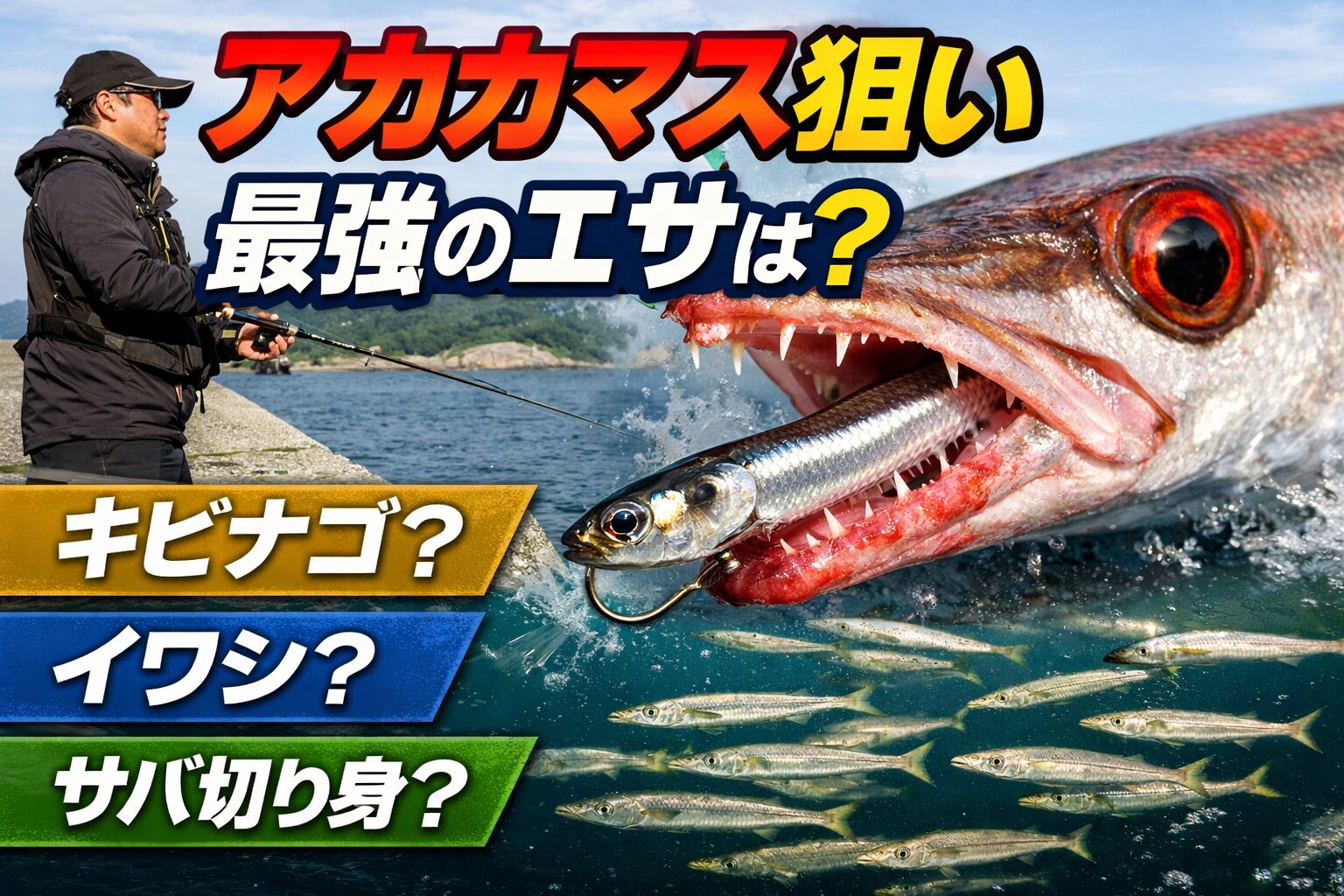 アカカマス、今日、確実に獲りたいなら、1位 キビナゴ、2位 イワシ、3位 サバ切り身。他は状況次第。釣太郎