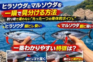 一番わかりやすい身体特徴は胸ビレの長さ。ヒラソウダは長い。マルソウダは短い。断面形状は補助判断。模様は最後の確認。釣太郎