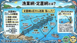 定置網は、魚が回遊してくる通り道に網を固定して待ち伏せする漁法。釣太郎