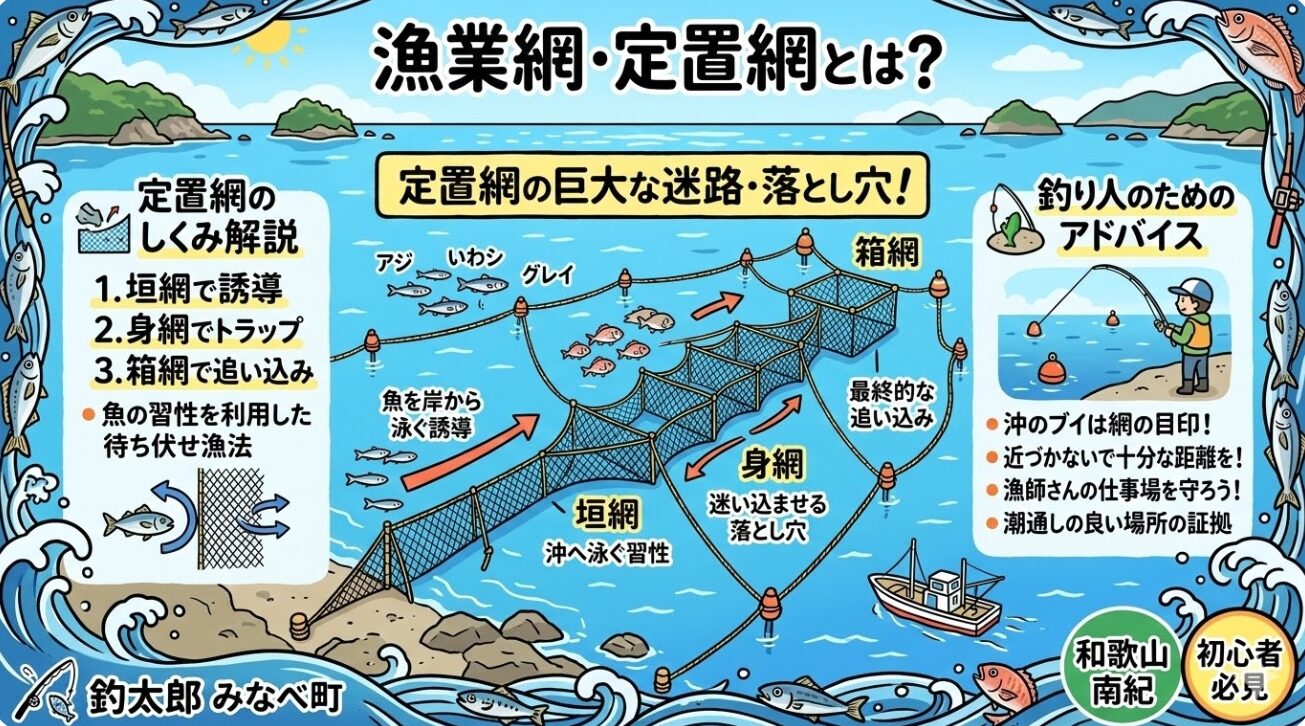 定置網は、魚が回遊してくる通り道に網を固定して待ち伏せする漁法。釣太郎