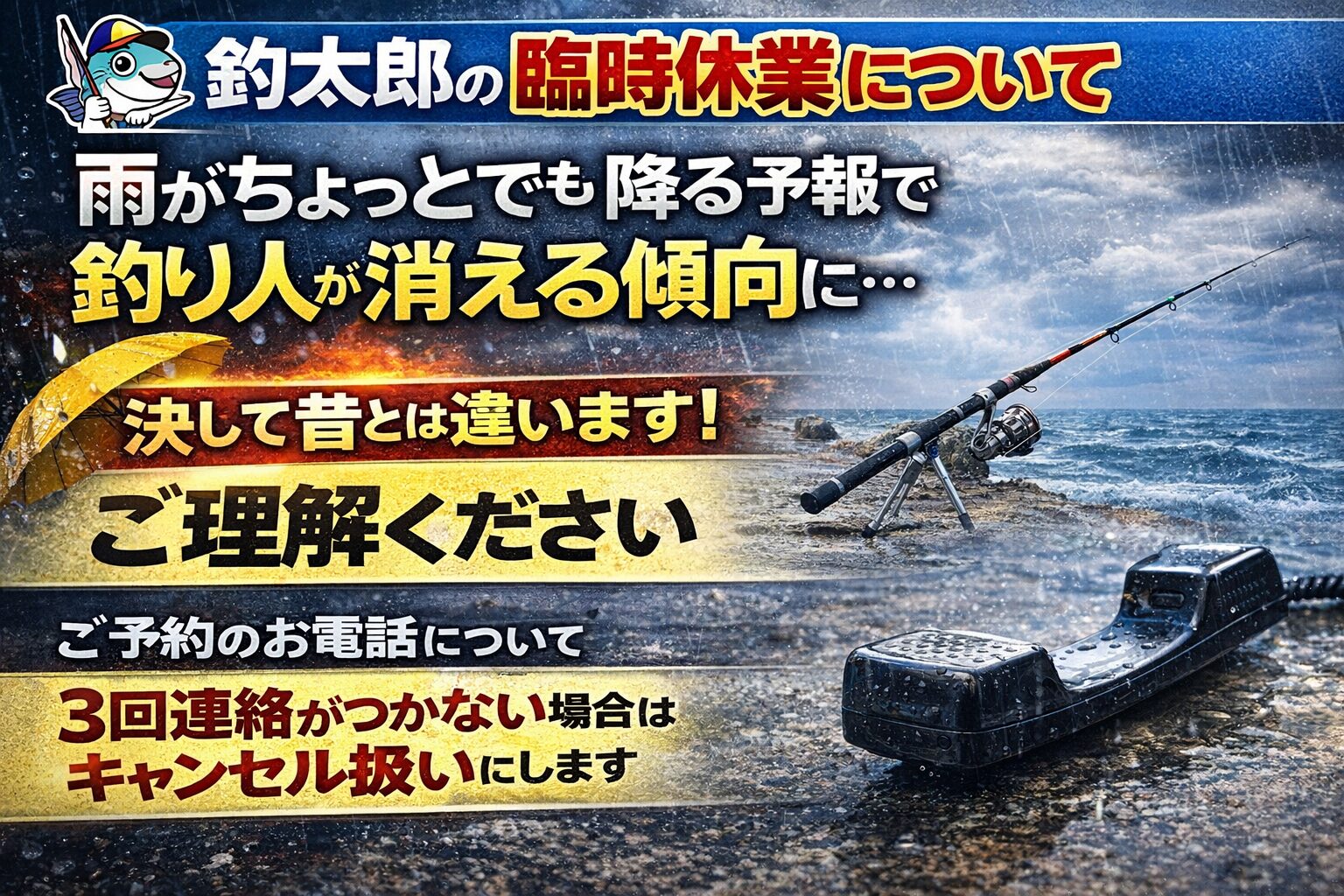 釣太郎の臨時休業について。 近年の天候変化とご予約キャンセル対応のお願い。