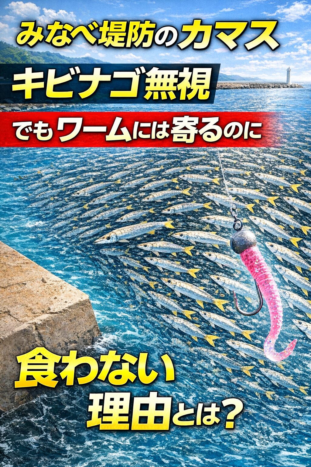 みなべ店前堤防のカマスがキビナゴに無反応で、 ワームにだけ寄るのに食わない理由は、捕食ではなく反射で見ている群れ.釣太郎