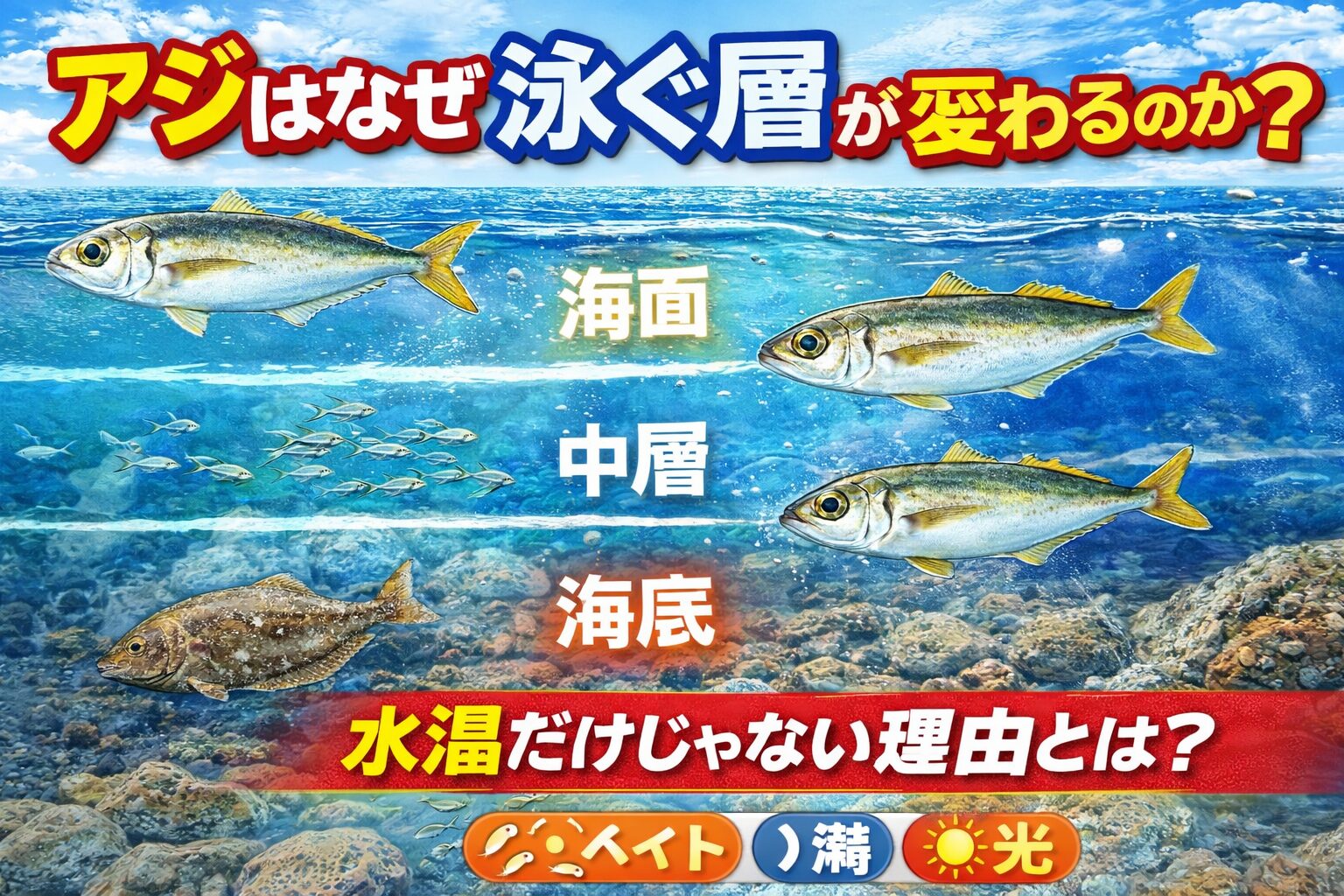 アジの泳層は水温だけでは決まりません。ベイト、潮、光、酸素、捕食者。これらが絡み合って決まります。釣太郎