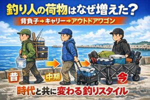 釣り人の荷物は、背負子↓キャリーカート↓アウトドアワゴンと時代と共に変化してきました。道具の進化と、釣りのレジャー化が背景にあります。釣太郎