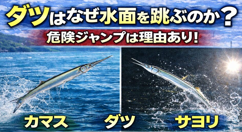 ダツはなぜ水面を跳ぶのは、捕食、回避、興奮しやすい表層生活です。釣太郎