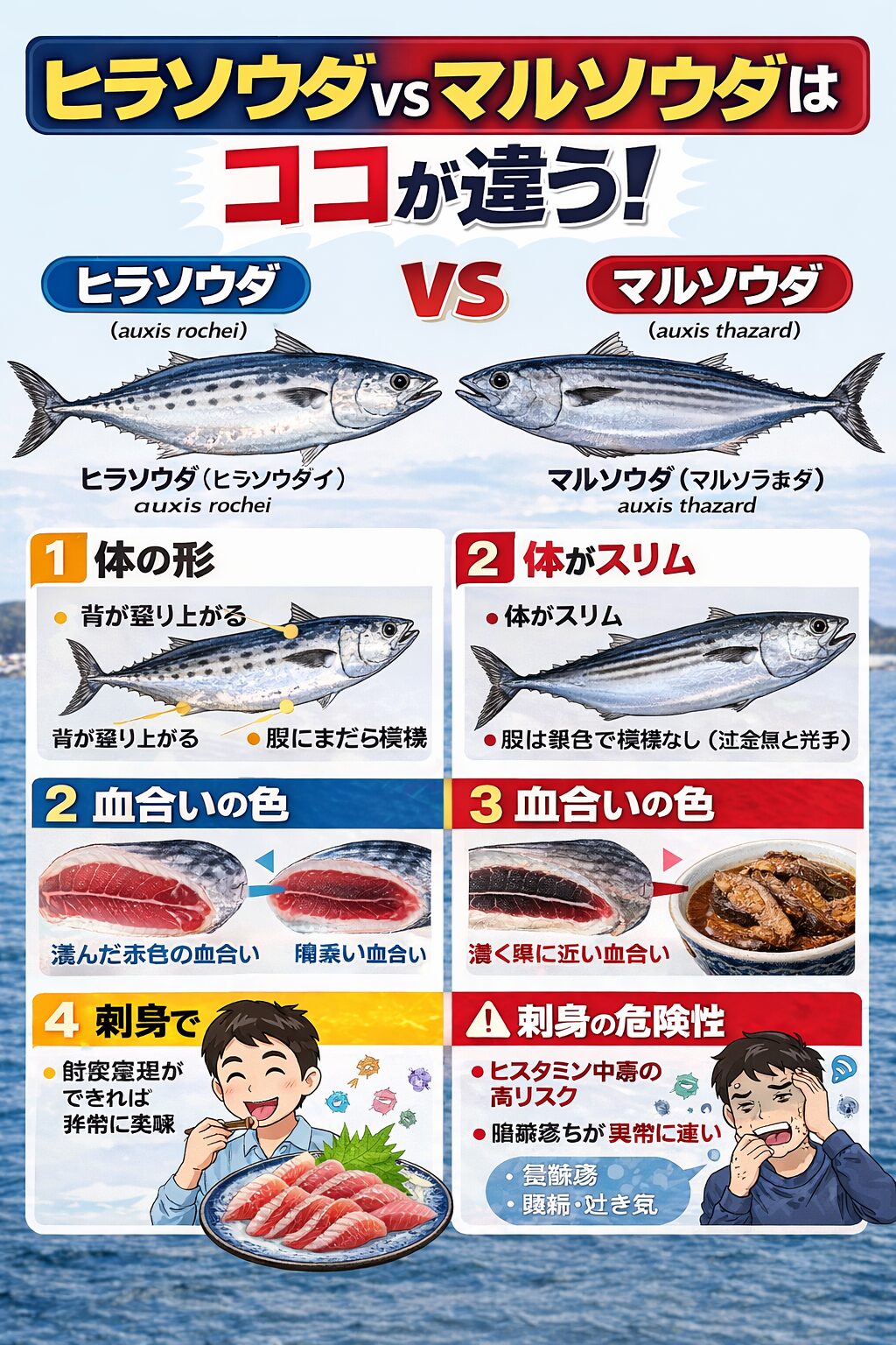 【見分け方完全ガイド】ヒラソウダとマルソウダの違いとは？釣り人必見の特徴と注意点。釣太郎