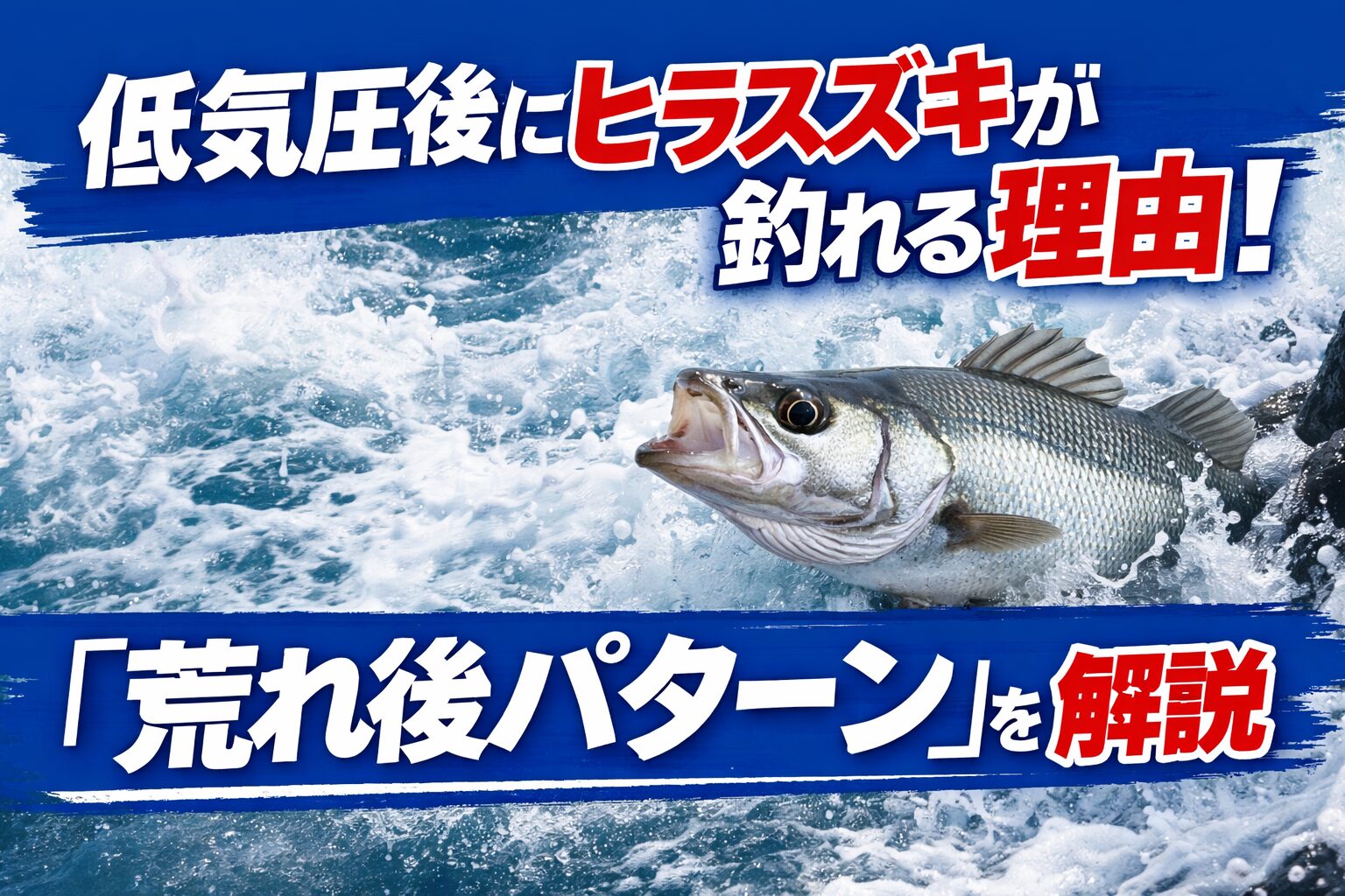 低気圧通過後にヒラスズキが釣れる理由。サラシができ餌場が増える、ベイトが岸に寄る、濁りで警戒心が下がる、気圧低下で捕食スイッチが入る 、これらの条件が重なることで荒れた海は絶好の捕食タイミング.釣太郎