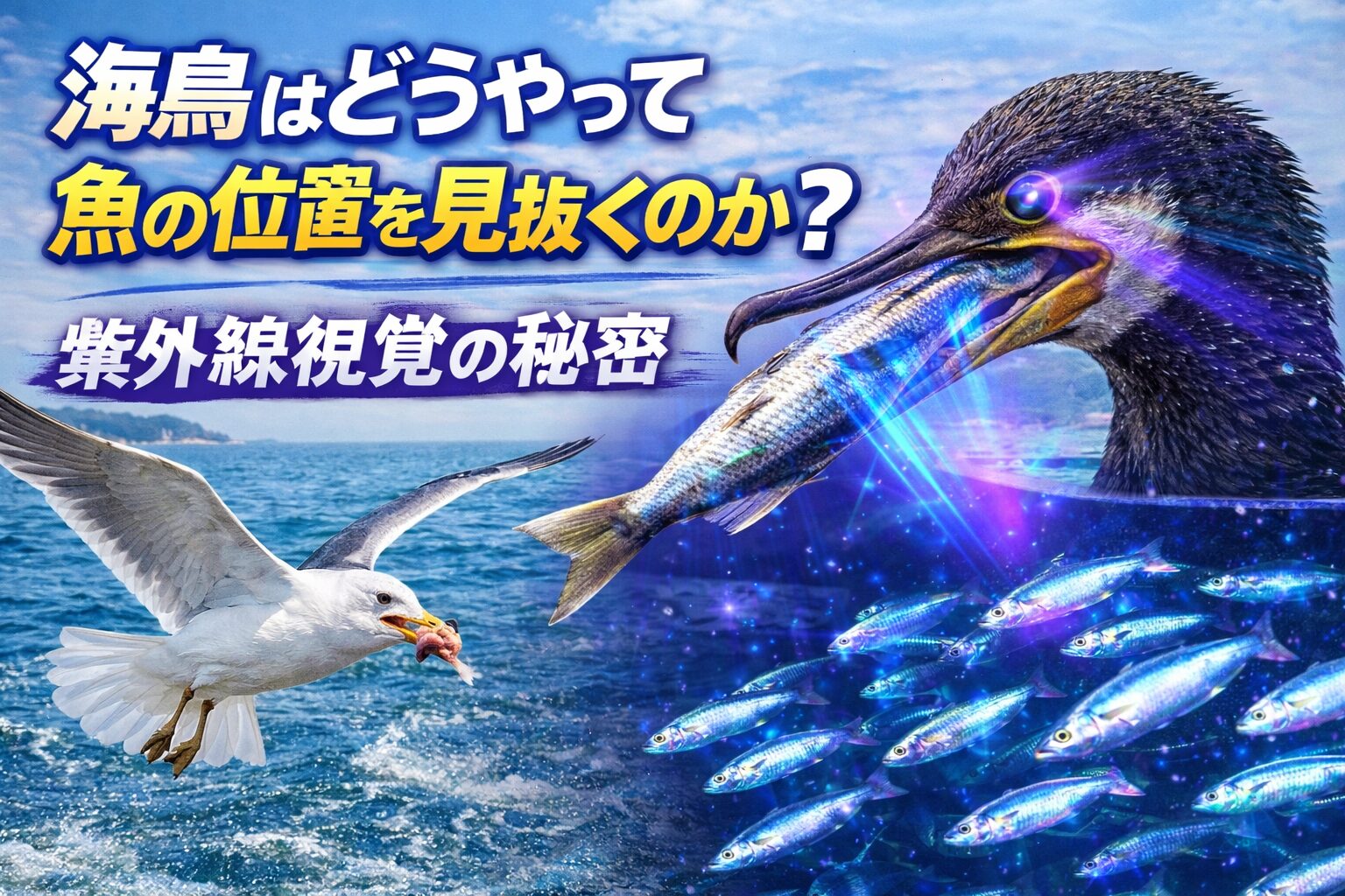 海鳥が魚の位置を見抜ける理由には高い視力、広い視野、紫外線視覚があります。釣太郎