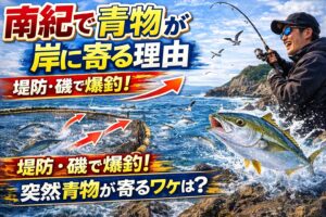 南紀で青物が岸に寄る最大の理由はベイトの存在です。イワシや小アジなどの小魚が岸に寄ると それを追って青物も接岸します。釣太郎