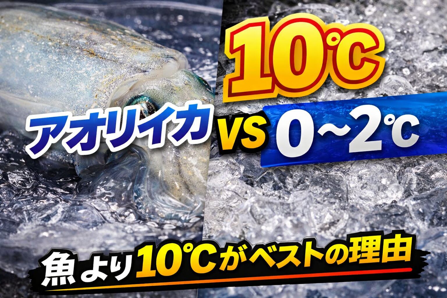 アオリイカは冷やしすぎるとダメ。0〜2℃は魚の理論。イカは違う。10℃前後で。・甘みが出る・食感が良くなる・品質が保たれる。釣太郎