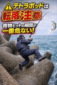 テトラポッドで青物がヒットした瞬間は、最も事故が起きやすいタイミングです。釣太郎